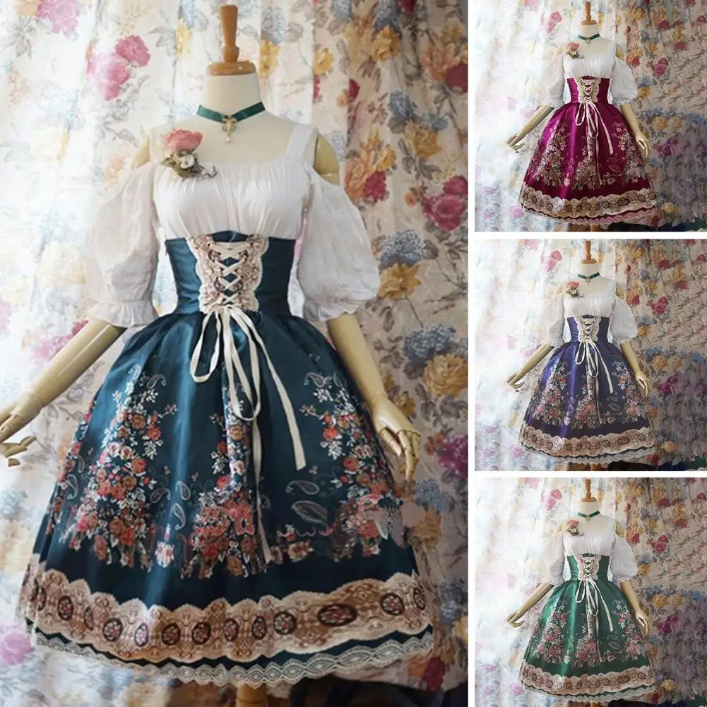 Lolita Dress Elegant Lolita Princess Style Performance Dress with Lace Floral Printing Off Shoulder Design for Halloween Cosplay