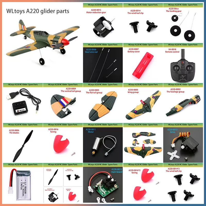 

Commonly Used RC Glider Spare Parts WLtoys A220 P40 Remote Control Propeller Motor Motherboard Steering Engine Fan Blade Frame