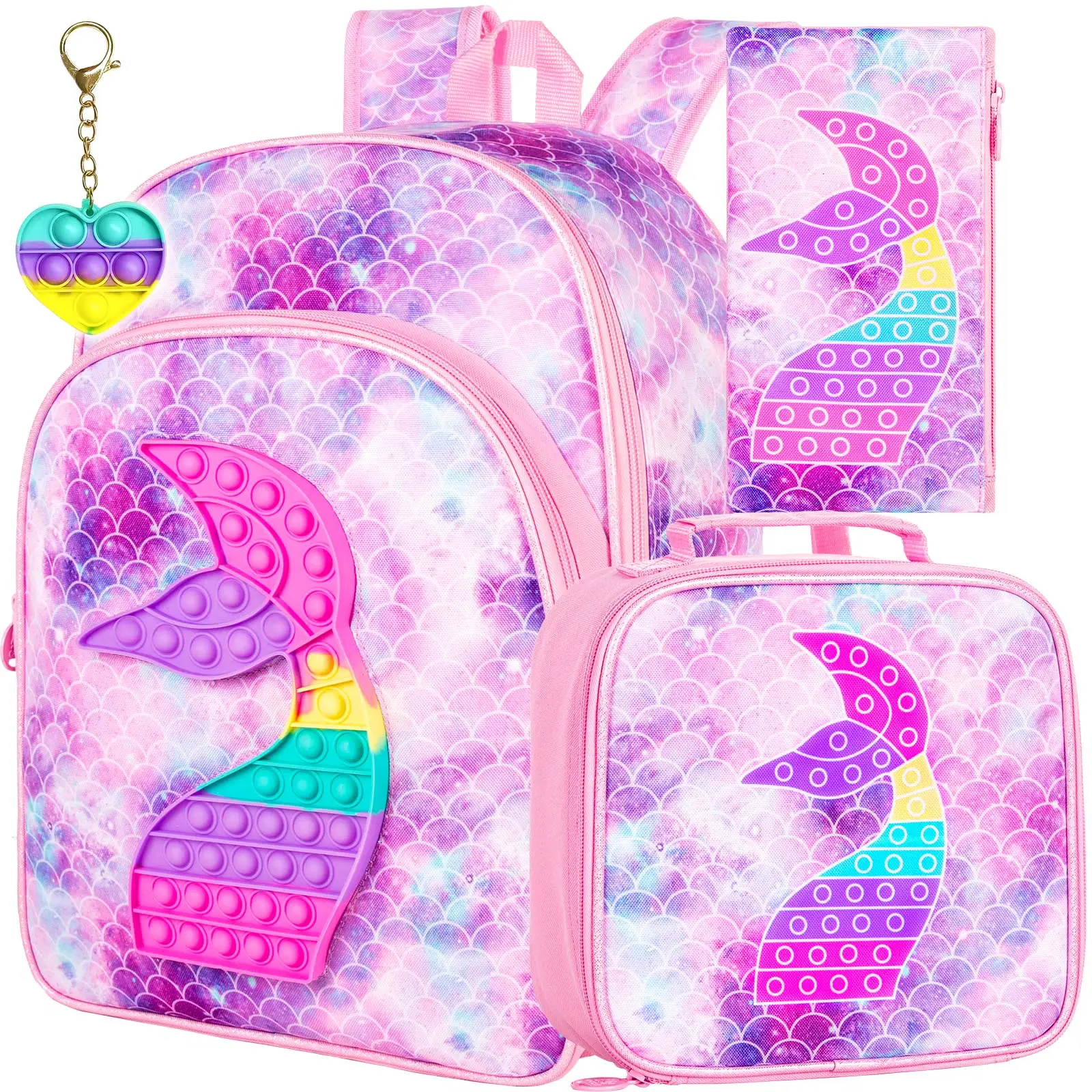 

3PCS Mermaid Backpacks for Girls, 16" Kids Bookbag and Lunch Box for Elementary School Toddler Kindergarten Preschool - Pink