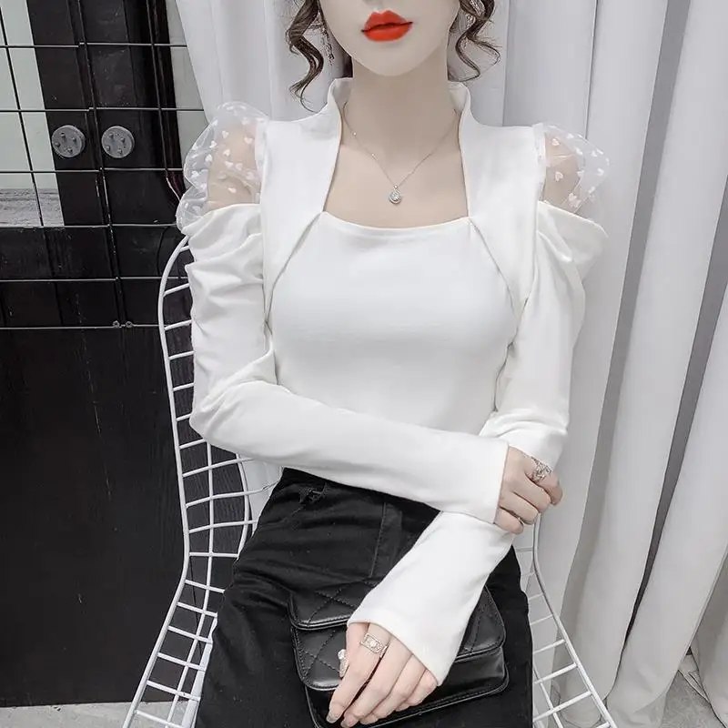 Spring Autumn New Solid Color Square Collar Fashion Long Sleeve Blouse Women High Street Casual Slim Pullovers Elegant Lace Tops