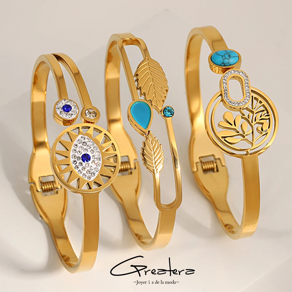 

Greatera Stylish Stainless Steel Blue Stone Charm Bracelets Bangles for Women Leaf Square Evil Eye Bracelet Gold Color Jewelry