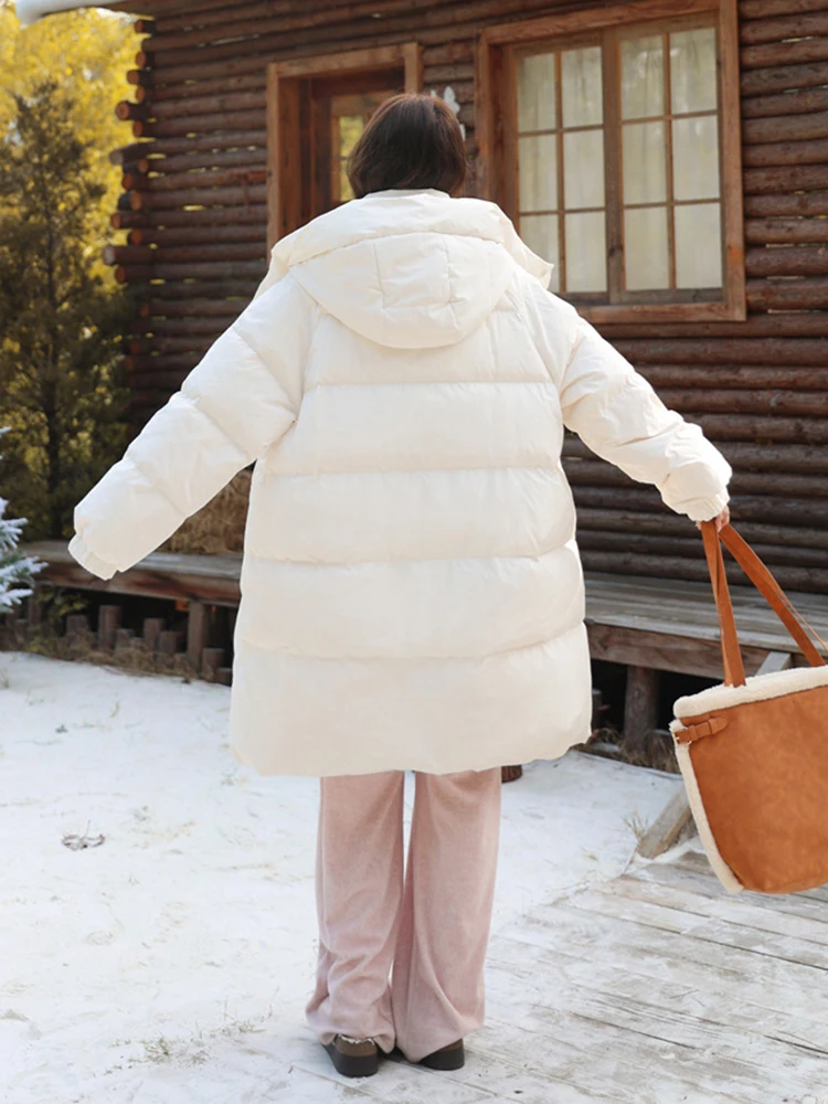 Piumino invernale di media lunghezza con cappuccio solido da donna Piumino d'anatra bianco con cerniera Tasca grande Parker Outwear Giacca allentata calda spessa femminile