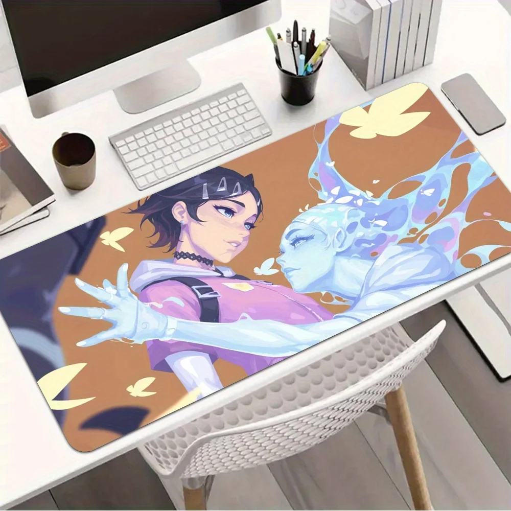 Anime Style Girl Large Desk Mat, Non-Slip Gaming Mouse Pad with Stitched Edges, Water Element Butterfly Keyboard Pad