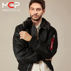 Bomber Jacket Nylon Men’s Classic Flight Jacket Water Resistant Removable Faux-mouton Collar Keep Warm Coat