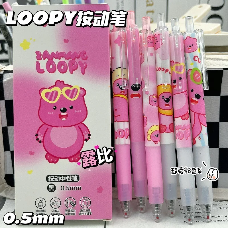 6Pcs Kawaii Loopy Little Beaver Neutral Pen Pressing Pen St Nib 0.5Mm Black Quick Drying Smooth Writing Stationery Girls Gift