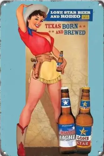 LONE STAR BEER & RODEO PIN-UP METAL TIN BAR ART MAN CAVE SEXY COW GIRL TEXAS sign