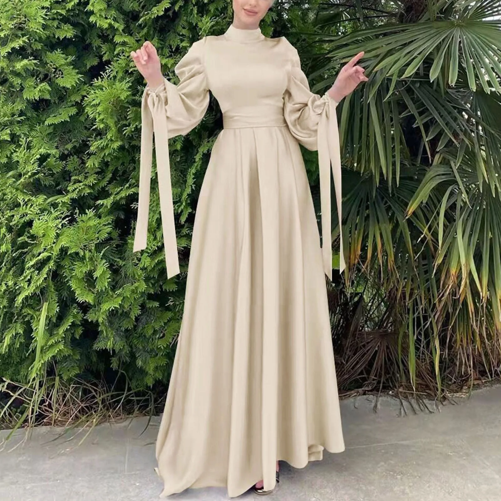 Muslim Fashion Women Islamic Satin Dress Hijab Arabic Pleated Abaya Dubai Elegant Sleeve with Ribbon Eid Mubarak Turkish Dresses