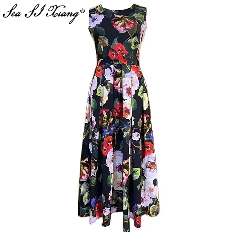 

Seasixiang Fashion Designer Summer 100 % Cotton Vest Dress Women O-Neck Sleeveless Sicilian Flower Print Vintage Party Dresses