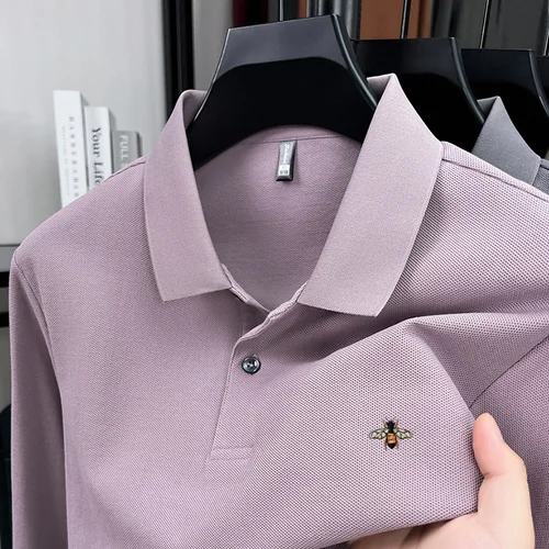 Imagen 2 del producto 2025 nuevo 100% algodón puro marca de alta gama polo de manga larga para hombres moda de otoño nueva camiseta de golf con bordado de abeja de lujo