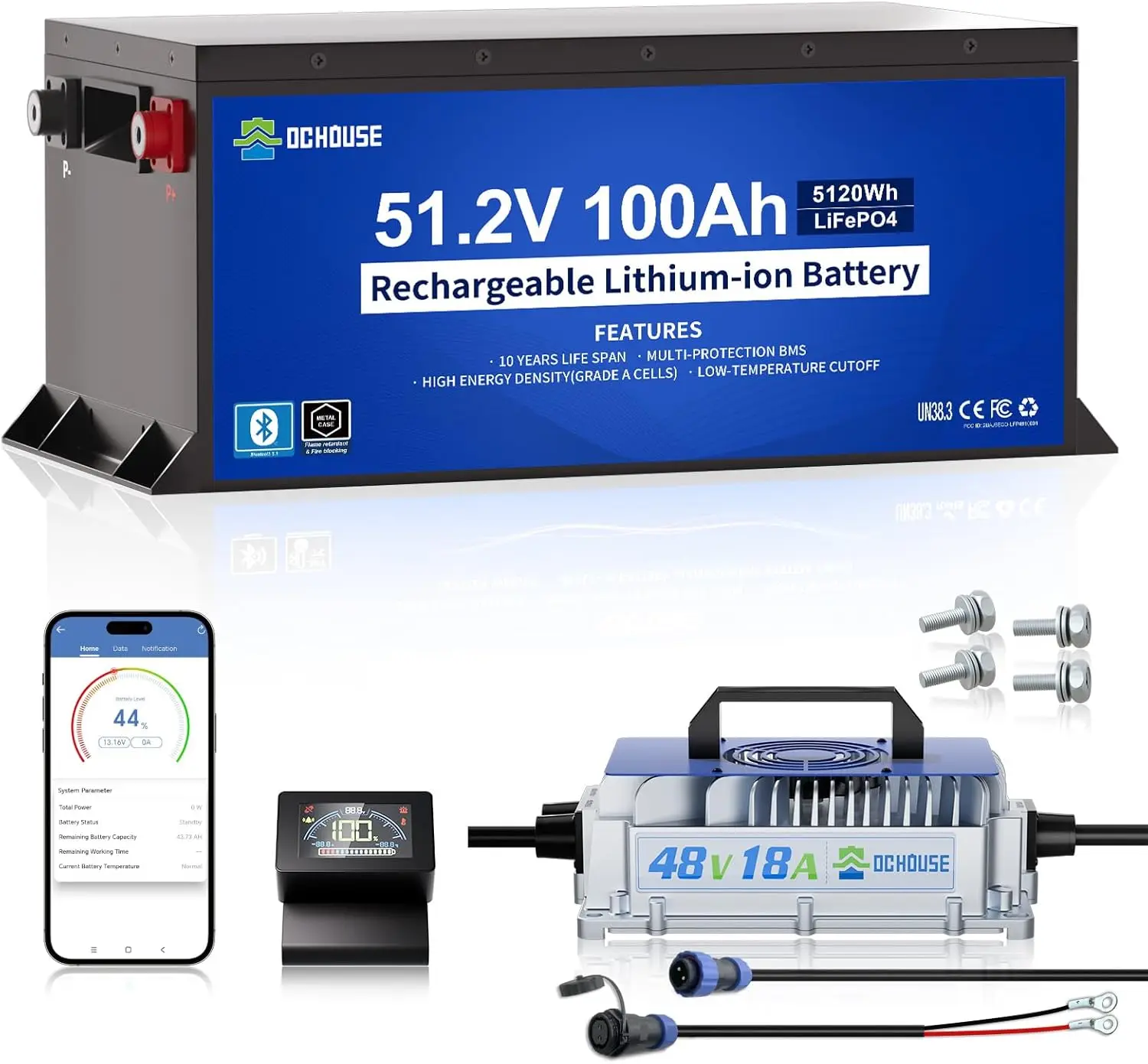 

DC HOUSE Metal Case 48V 100Ah Pro Lithium Golf Cart Battery, 200A BMS Lifepo4 Battery with 48V 18A Charger, Bluetooth Mobile APP & LCD Monitor, Peak Current 670A