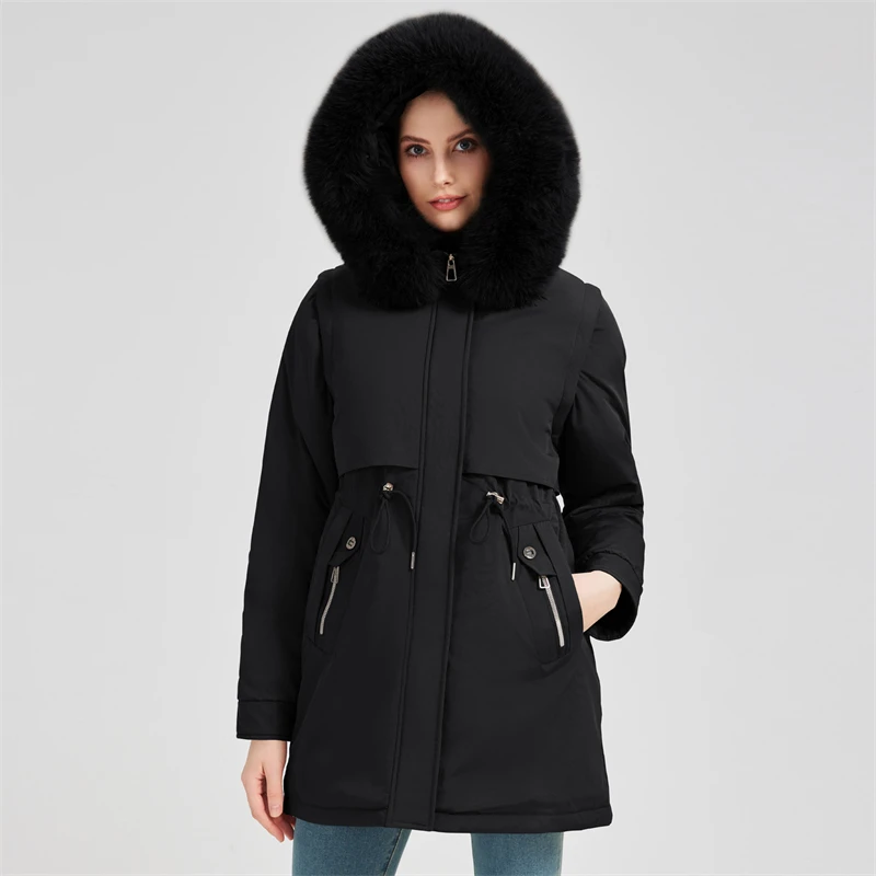 Parka da donna di media lunghezza con interno spesso foderato in pile con coulisse in vita maniche attive collo in pelliccia grande giacche imbottite in cotone con cappuccio tendenza