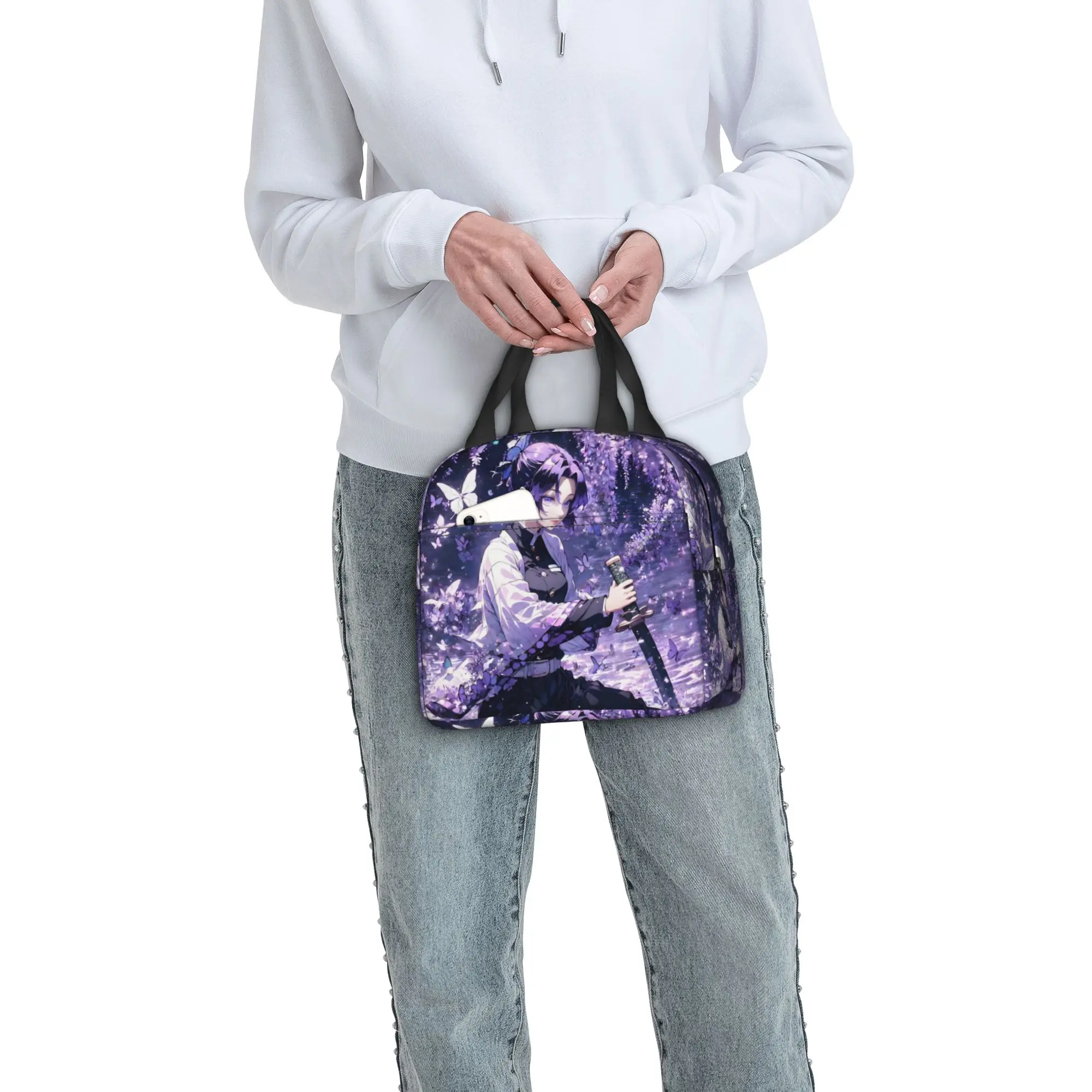 Custom Comic Demon S-Slayer Insulated Lunch Bag for Women Waterproof Kocho Shinobu Thermal Cooler Bento Box Office Picnic Travel view 5