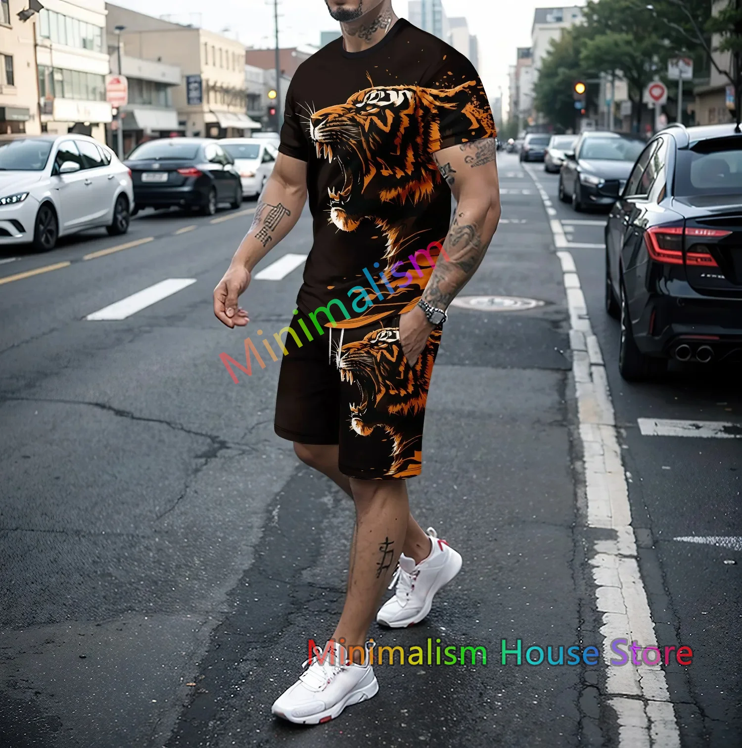 Summer New Men\'s 3D Tiger Lion Print Round Neck Short Sleeved T-shirt Shorts Set 2 Piece High-quality Casual Street Sports Set