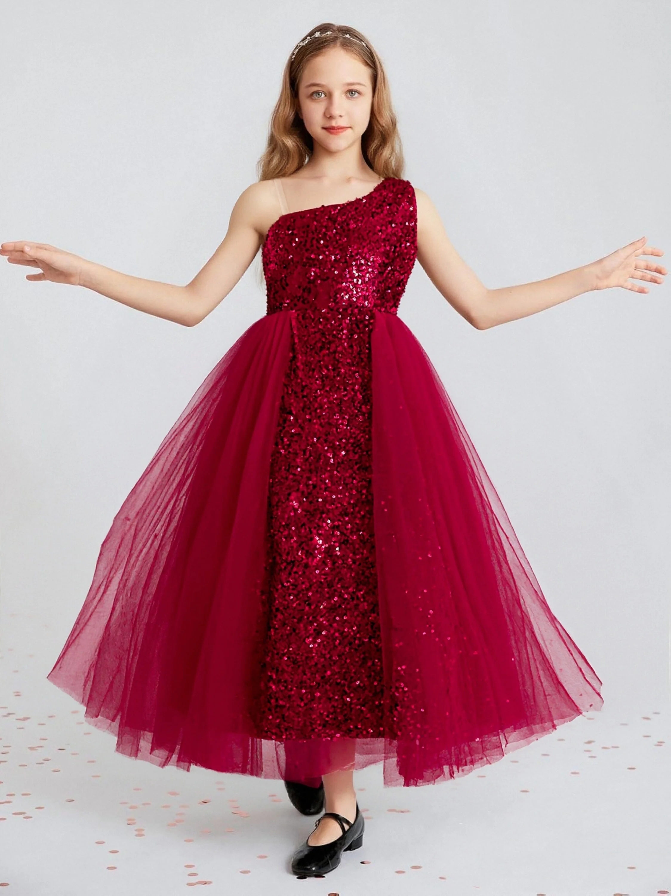 8-12yrs old Kids One shoulder Red Sequin Wedding Party Dresses Birthday Gift Evening Gown Dresses for Girls