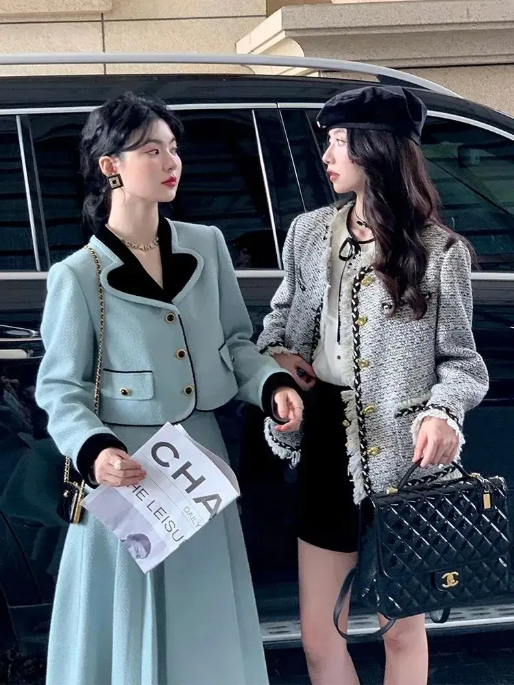 Korea Women Elegant 2 Pieces Sets Blazer Suit Fashion Vintage Button Short Coat Midi A Line Skirts Outfits Autumn