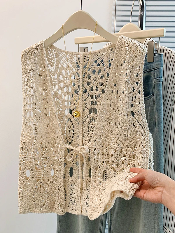 Authentic Bohemian Summer New Style Hollow out Hook Flower Sequin Open Cardigan Vest Top Women's Casual Fashion Cotton Blend