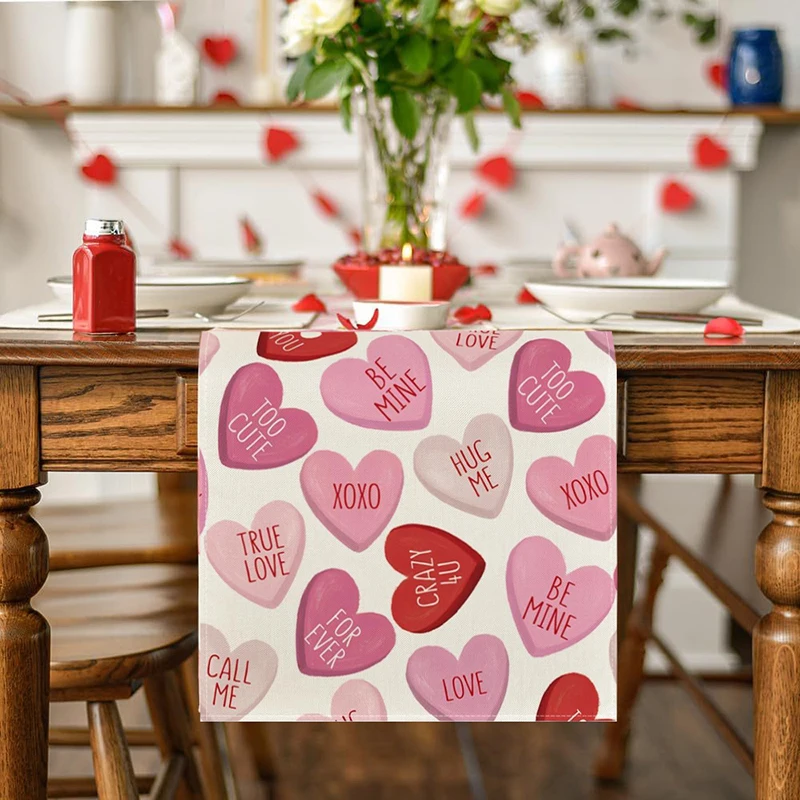 Pink Ture Love Heart Valentine's Day Table Runner, Seasonal Kitchen Dining Table Decoration For Home Party Decor 13x72 Inch