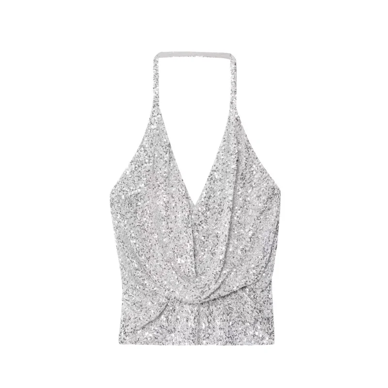 LIBIELIY New Fashion Pleated Pile Collar Sequined Girlish Sleeveless V-neck Sexy Backless Halter Christmas Party Top
