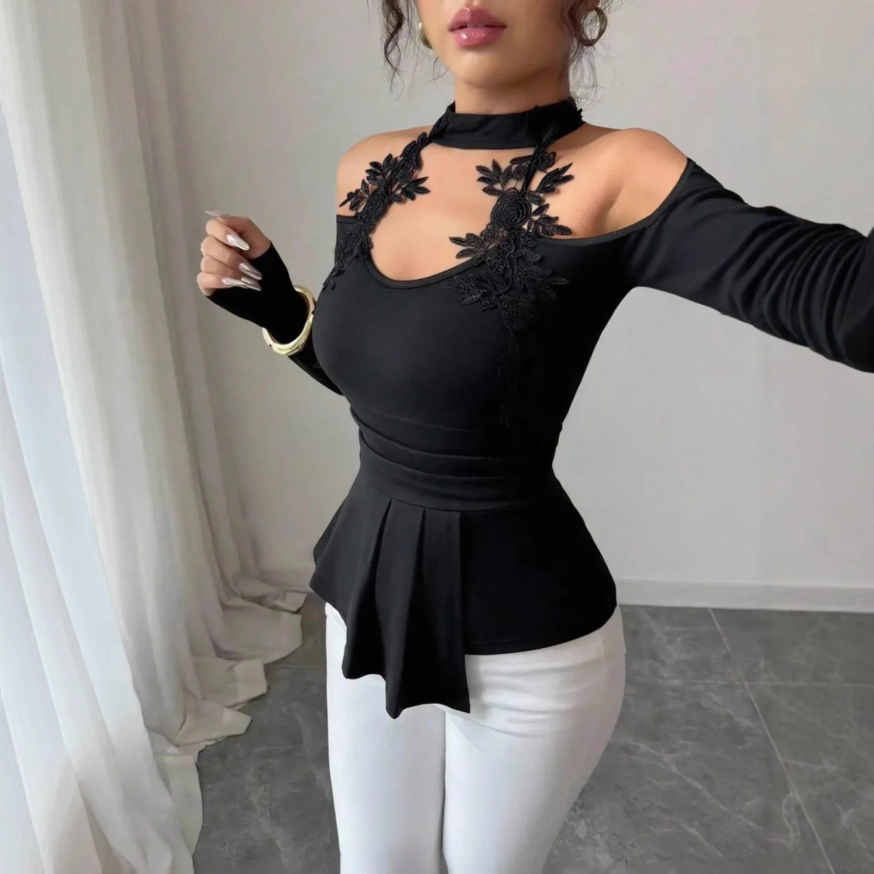

2025 New Long Sleeve Women's T-Shirt Autumn Winter New Hollow Off-shoulder Applique Pleated Curved Hem Slim Fit Versatile Top