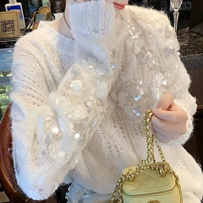 

Spring Autumn Pink Sequin Knit Sweater for Women Elegant Gentle Style Hollow Out Pullover Soft Feminine Preppy Aesthetic Top