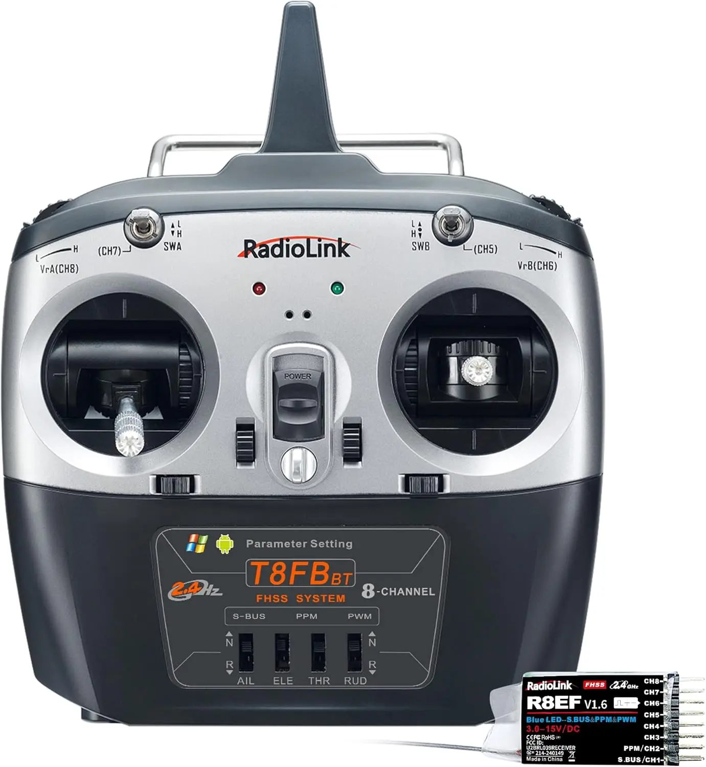 8 Channels 2.4GHz RC Remote Transmitter and Receiver with APP Parameter Setup, Dual Stick Controller for RC Airplane, Aircraft, Boat, Car and More (Mode 2)