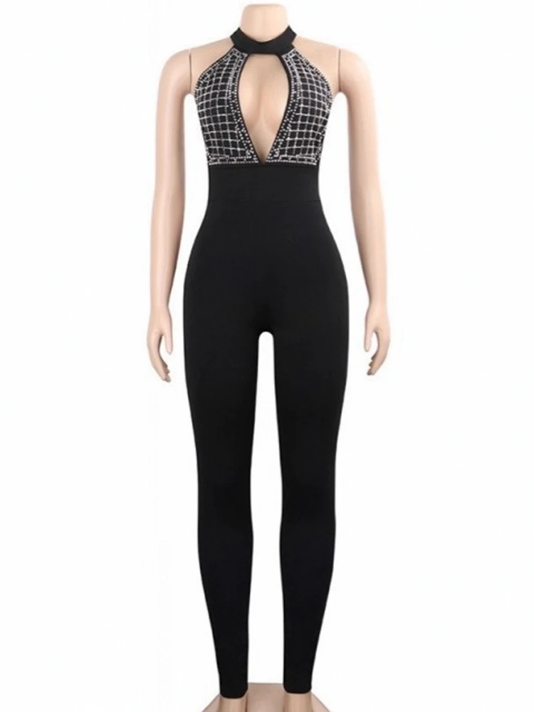 

Women's Rhinestones Jumpsuits One Piece Outfits Sleeveless Rhinestone Club Overalls High Stretch Sexy Sparkly Party Rompers