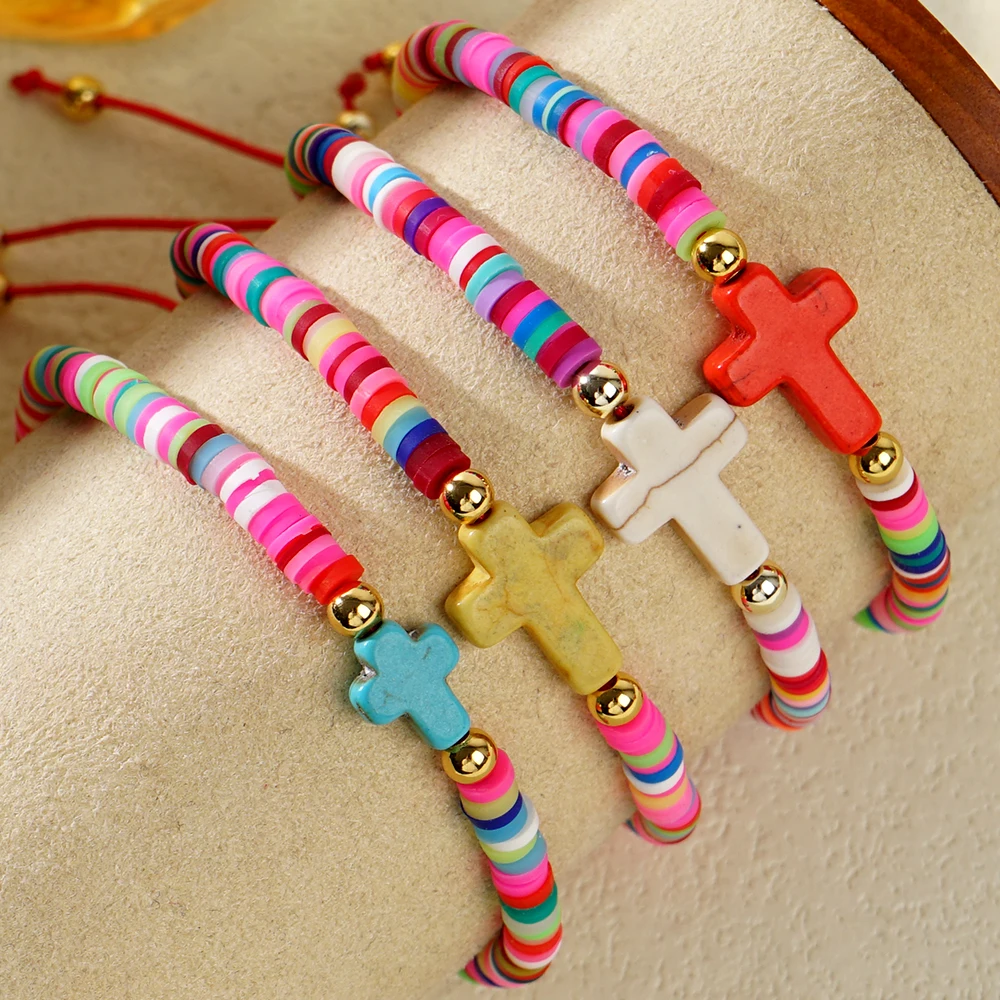 1pc Cross Christian Women's and Men's Lucky Bracelet Heishi Disc Beads Handmade Bohemian Jewelry Charm Bracelet