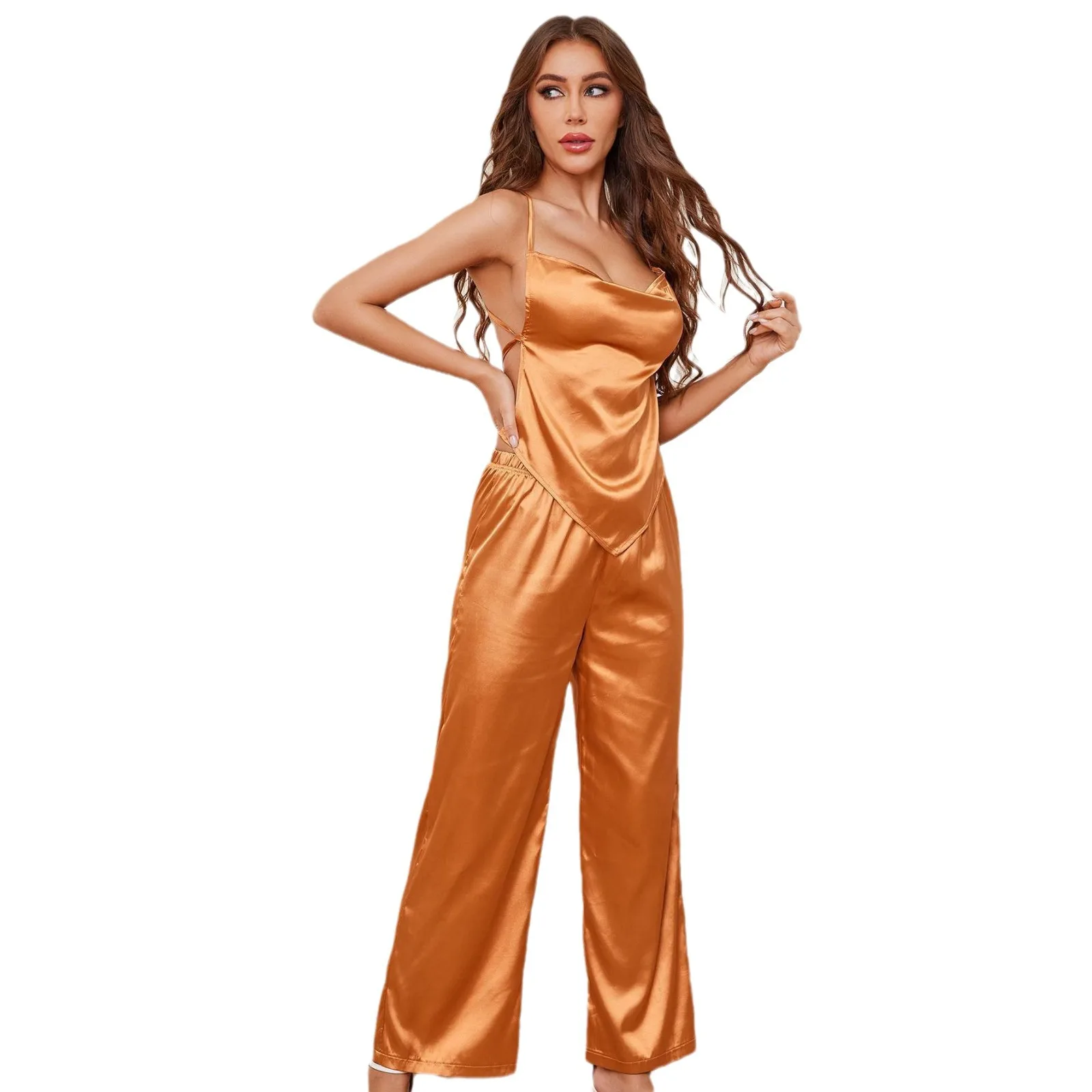 Solid Sexy Summer Pajamas Ice Silk Sleepwear Loose Women 2PCS Fashion Women\'s Home Wear Sleeveless Top With Long Pants Set