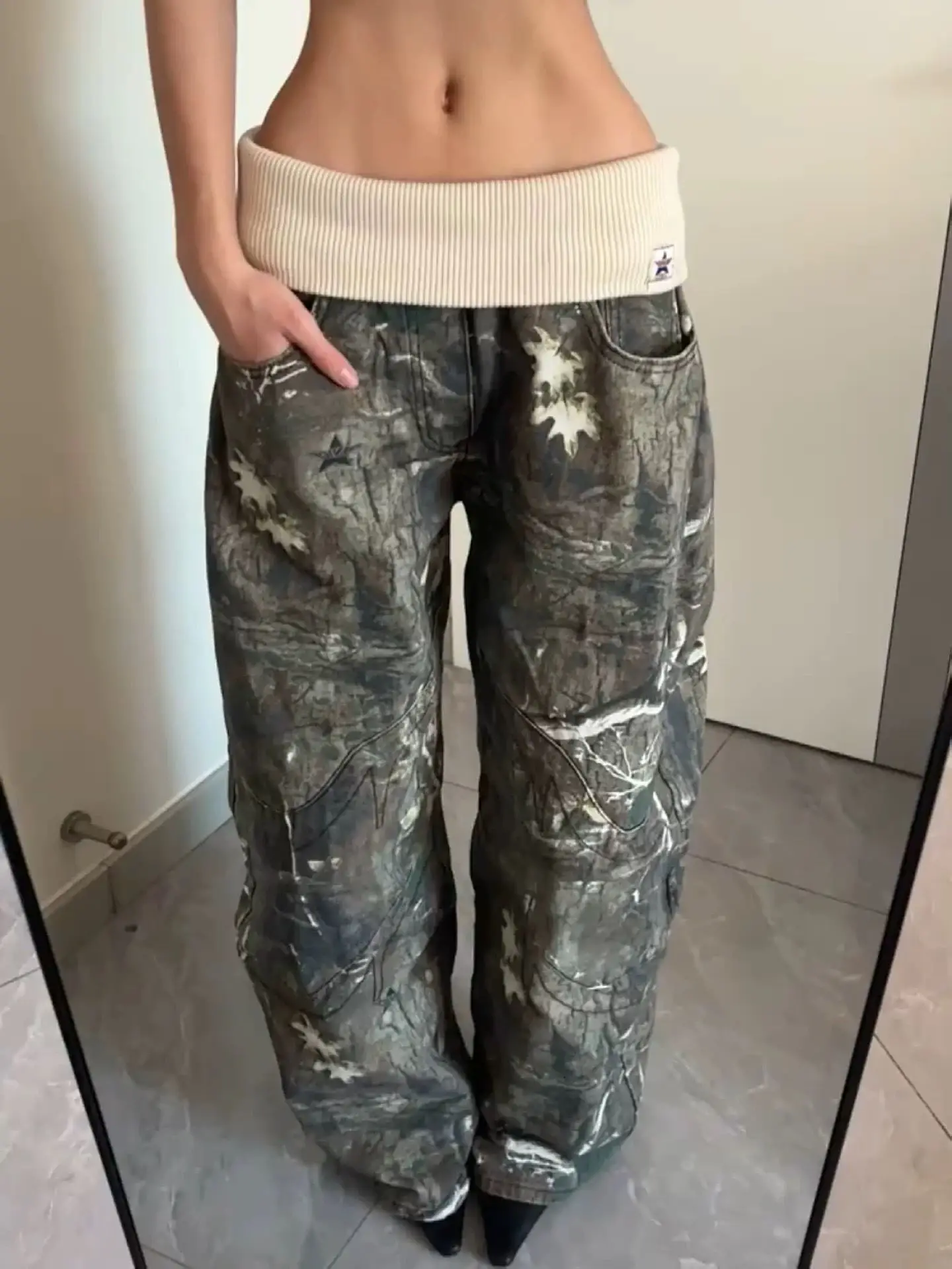 Y2K Retro Jeans Camouflage Flanged Thread Splicing Waist Loose Straight Leg for American Women