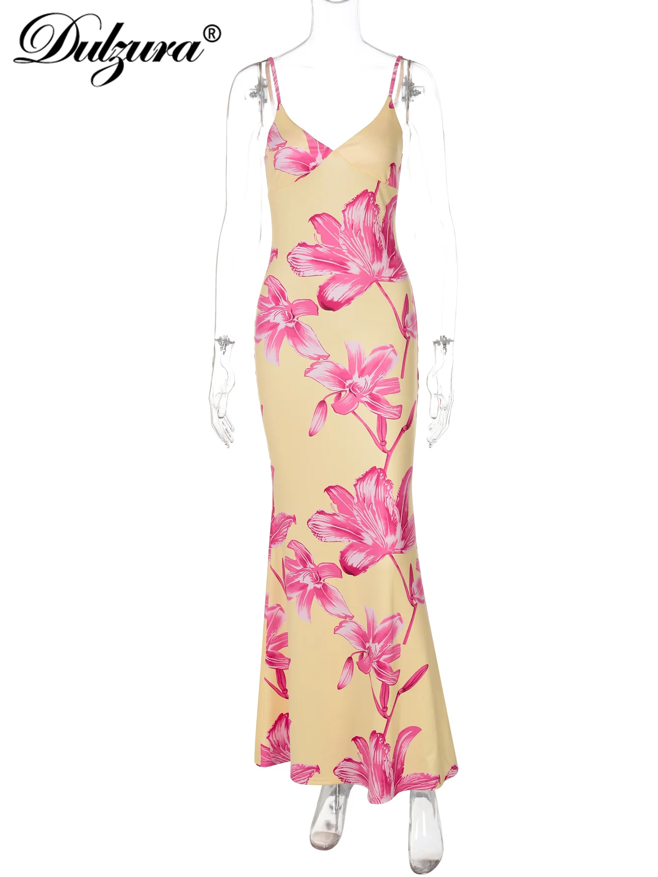 Dulzura Sukienka Maxi na Ramiączkach Bez Rękawów z Odkrytymi Plecami, Obcisła, w Kwiatowy Wzór, Damska, Seksowna, Elegancka, Codzienna, Długa Sukienka na Imprezę, do Klubu, Letni Strój