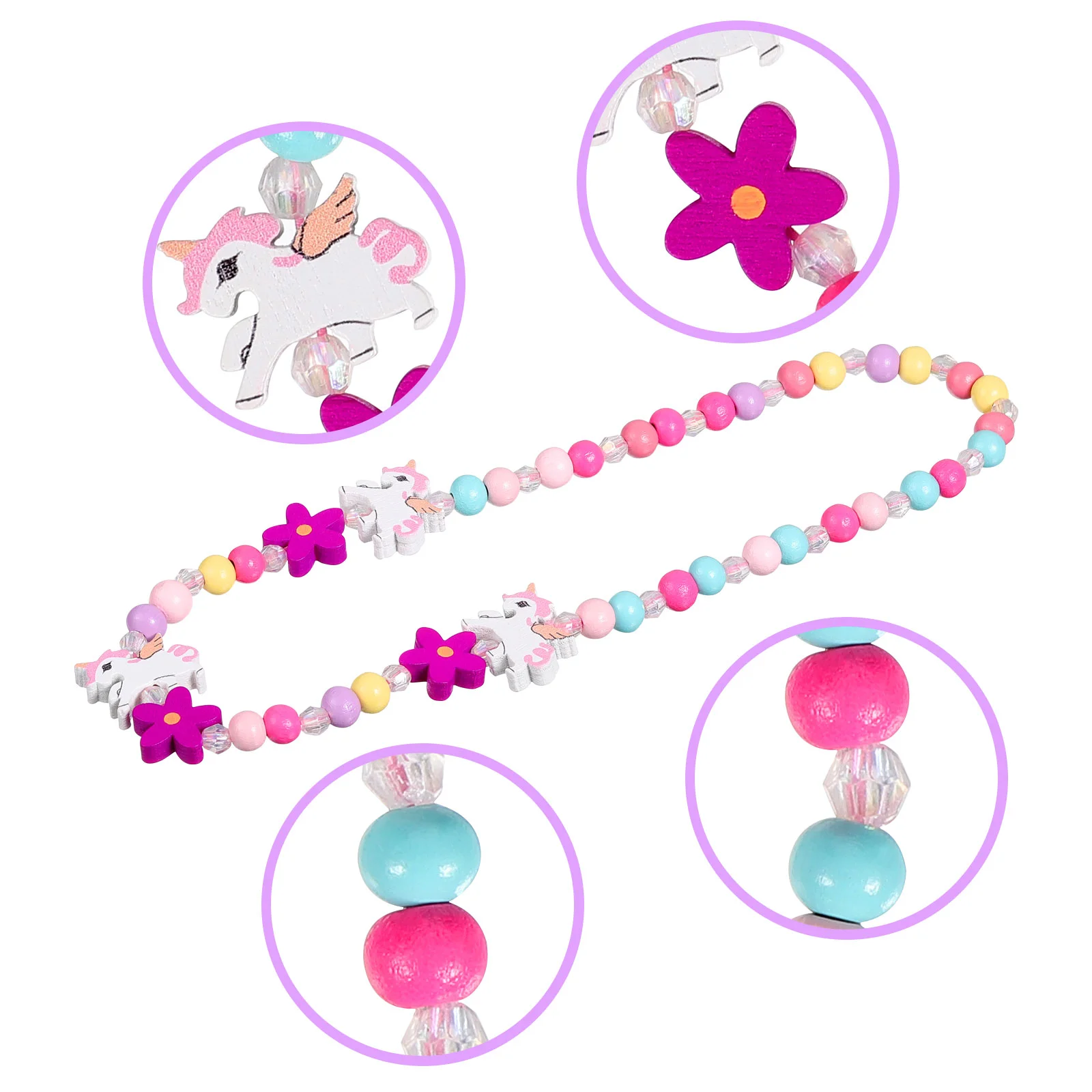 Gelang manik-manik kayu anak perempuan, Set perhiasan kalung Unicorn untuk manik-manik kecil