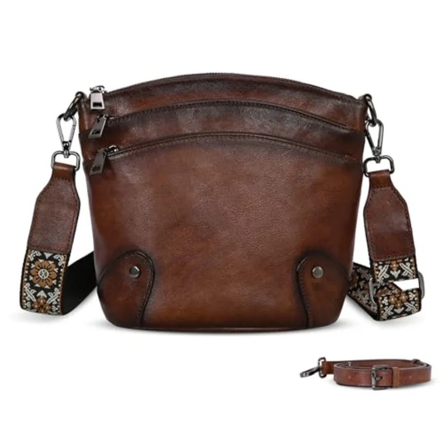 

Crossbody Bags for Travel: Genuine Leather Vintage Shoulder Handbags for Women in Brown with Multi Pockets and Adjustable Strap