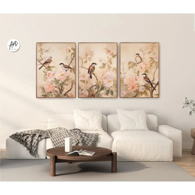 (NoFrame 3PCS)-2D Flat, 3pcs(Canvas Poster Unframes)Floral Chinoiserie Birds Art Prints, Botanical Wall Decor Set of 3 Poster