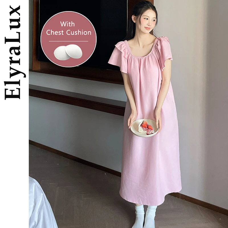 

ElyraLux Women's Cloud Cotton Thin Summer Nightgown Short Sleeve Nightdress with Chest Pad Pajama Sweet Style Homewear Long Dres