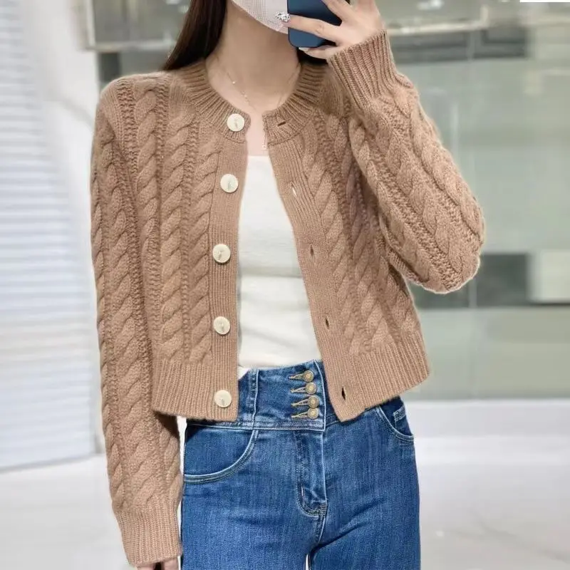 Women\'s Clothing Flattering Round Neck Solid Sweater Knitted Button Long Sleeve Cardigan Coats Autumn Winter Preppy Style Tops