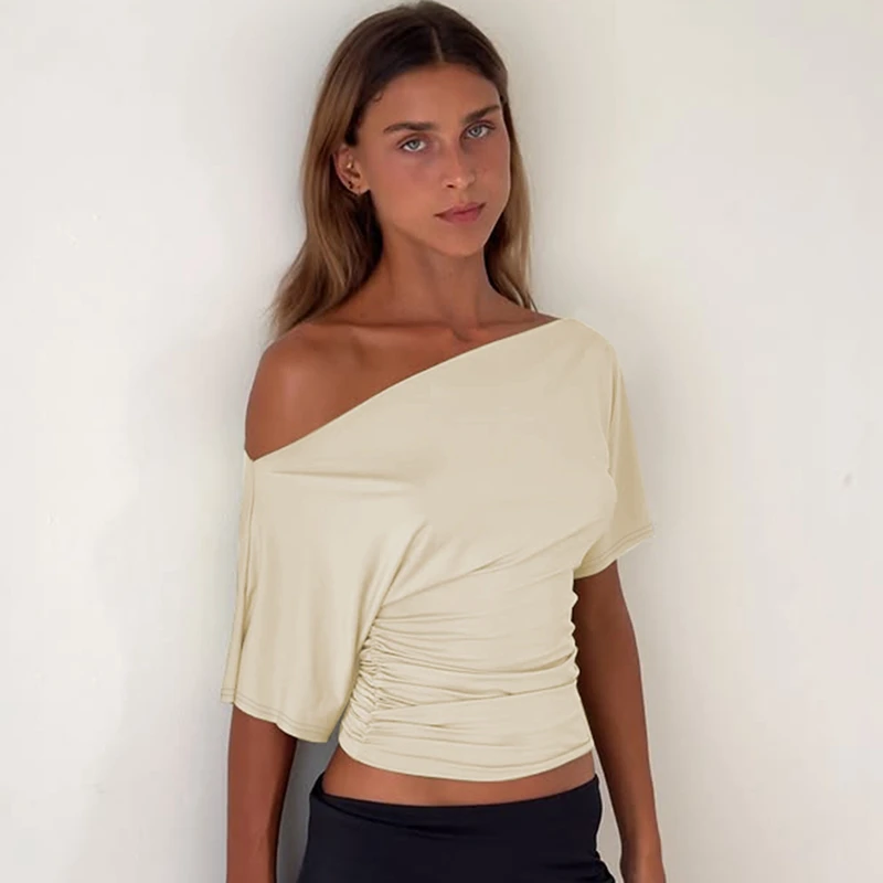 Hugcitar Modisches T-Shirt mit schrägem Kragen, kurzen Ärmeln, einfarbig, sexy, eng anliegend, kurz geschnitten, Damenkleidung, Streetwear, Party, Festival, T-Shirts – Detail 24
