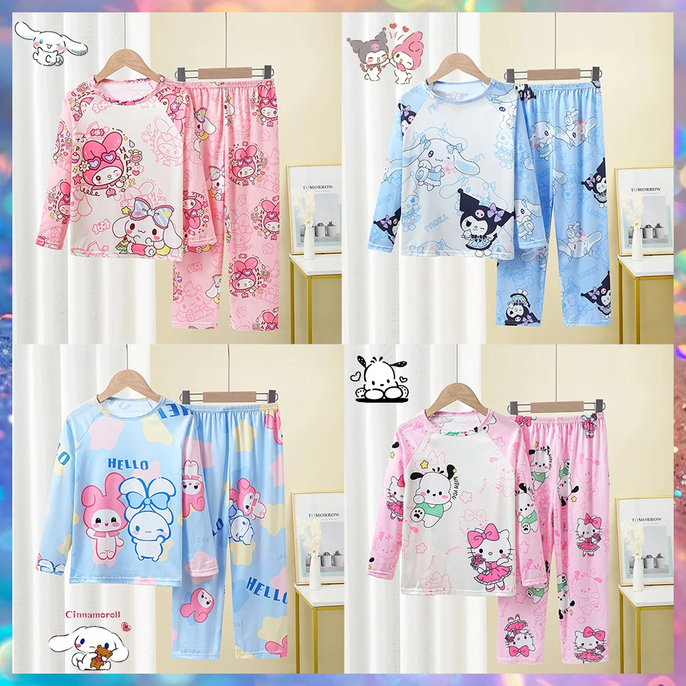 2Pcs Kawaii Kuromi Cinnamoroll Melody Children's Pajamas Anime Summer Cute Thin Long Sleeve Pants Cartoon Boy Girls Homewear Set