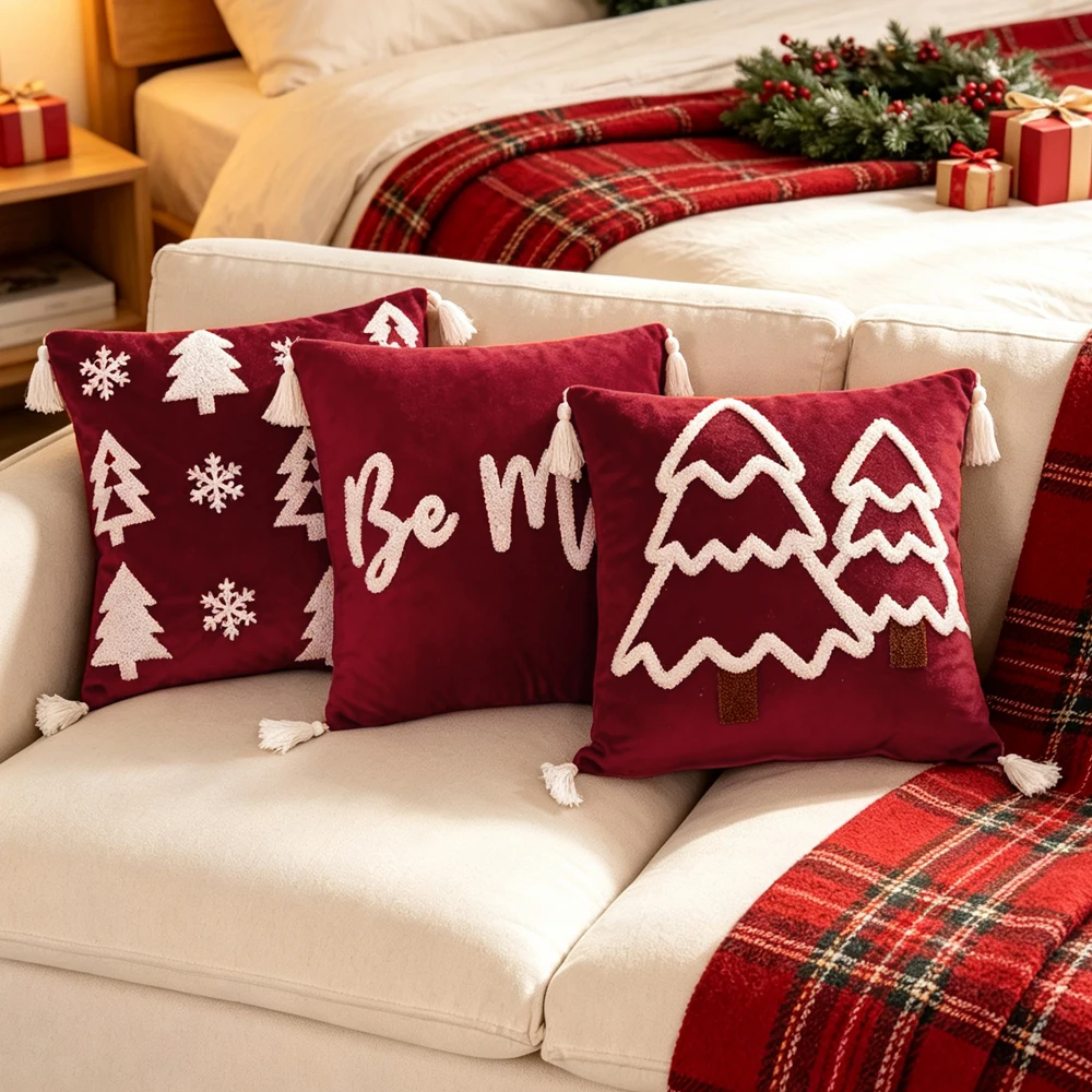 BUYNOW 1PC Velvet Christmas Tree Snowflake Embroidered Pillowcase Without Filler Christmas Vibe Sofa Cushion Cover Home Decor