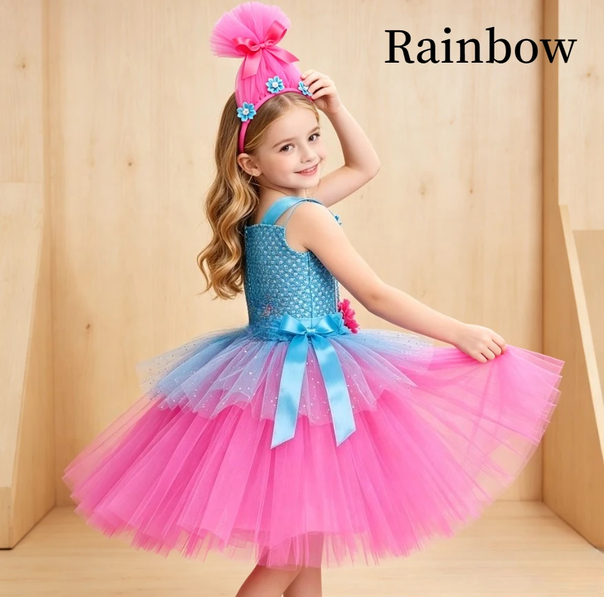 Kid Floral Sparkly Rainbow Magic Fairy Princess Tutu Dress With Headband Outfits For Festival Party Stage Show Role Play Clothes