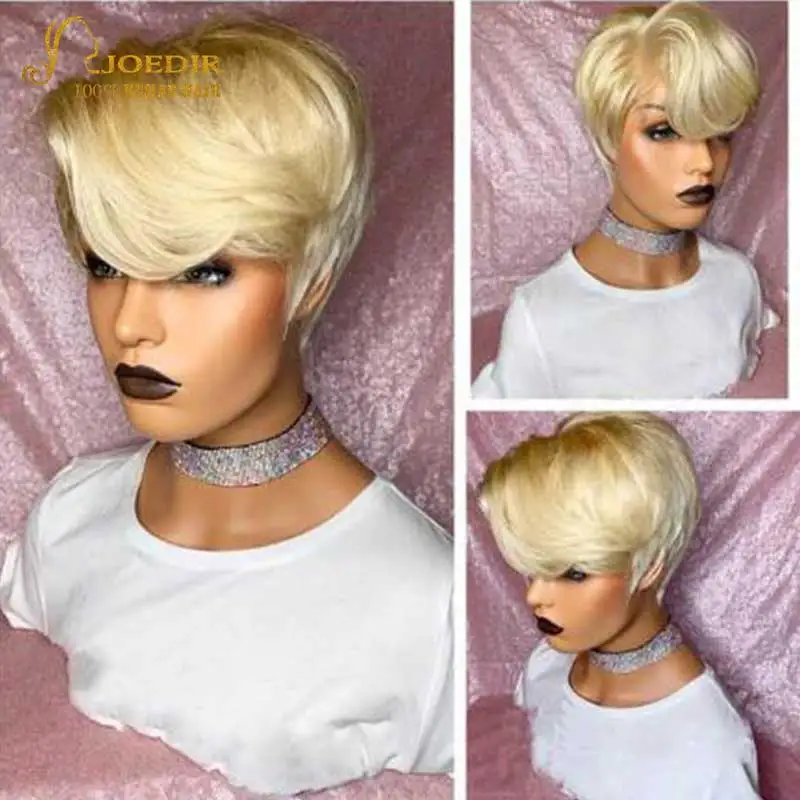 

Joedir 613 blond Short Pixie Cut Human Hair Wigs Natural Straight Remy Brazilian T Part Bob Transparent Lace Wig For Women