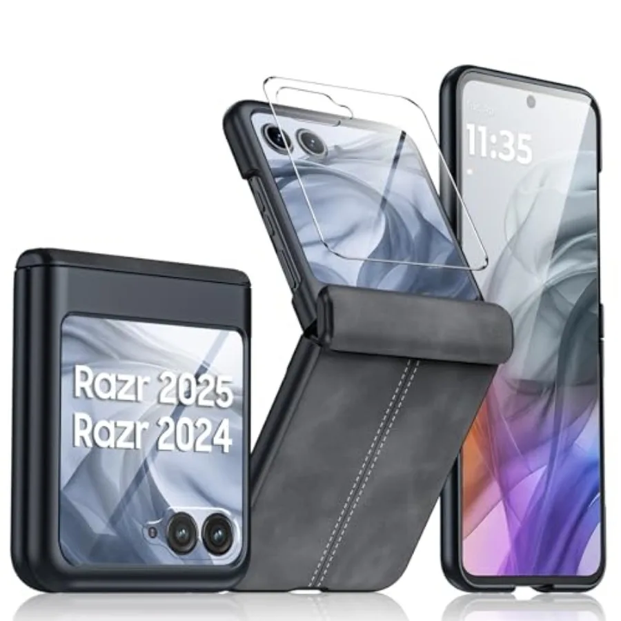 

for Motorola Razr 2026 Case, Razr 2025/2024 Case, Built-in Screen Protector and Hinge Protection and Ultra Thin PU Leather Matt