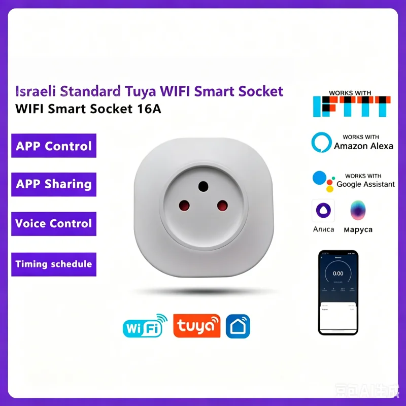 Tuya Wifi Smart Socket 16a 3hole Israel Standard Voice Timing Function Compatible With Amazon Alexa Google Assistant