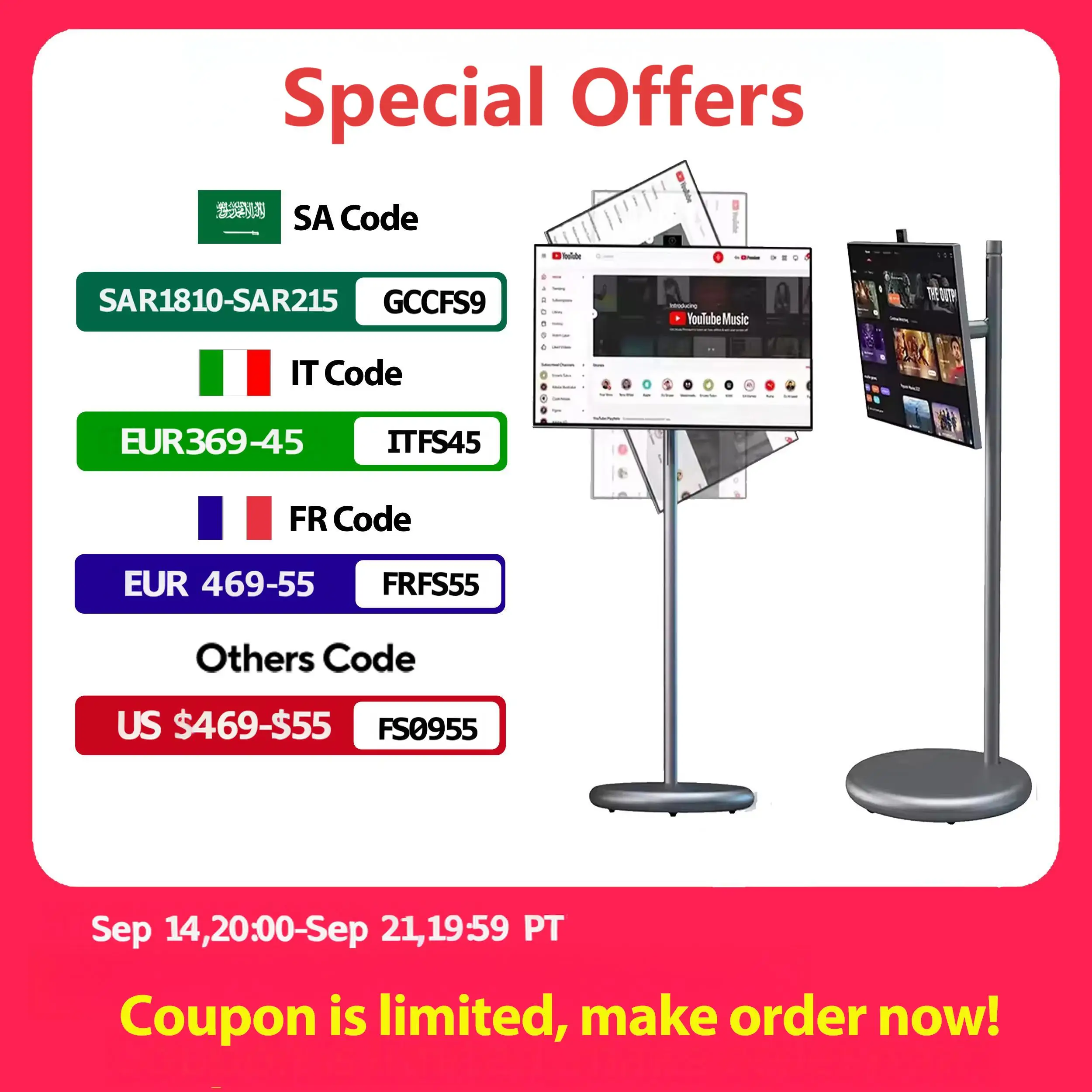 

JEESTON Smart Tablet 27 Inch Portable Smart TV Android13 IPS Touch Screen Height Adjustable 100WH Battery Working Time 6-8 Hours