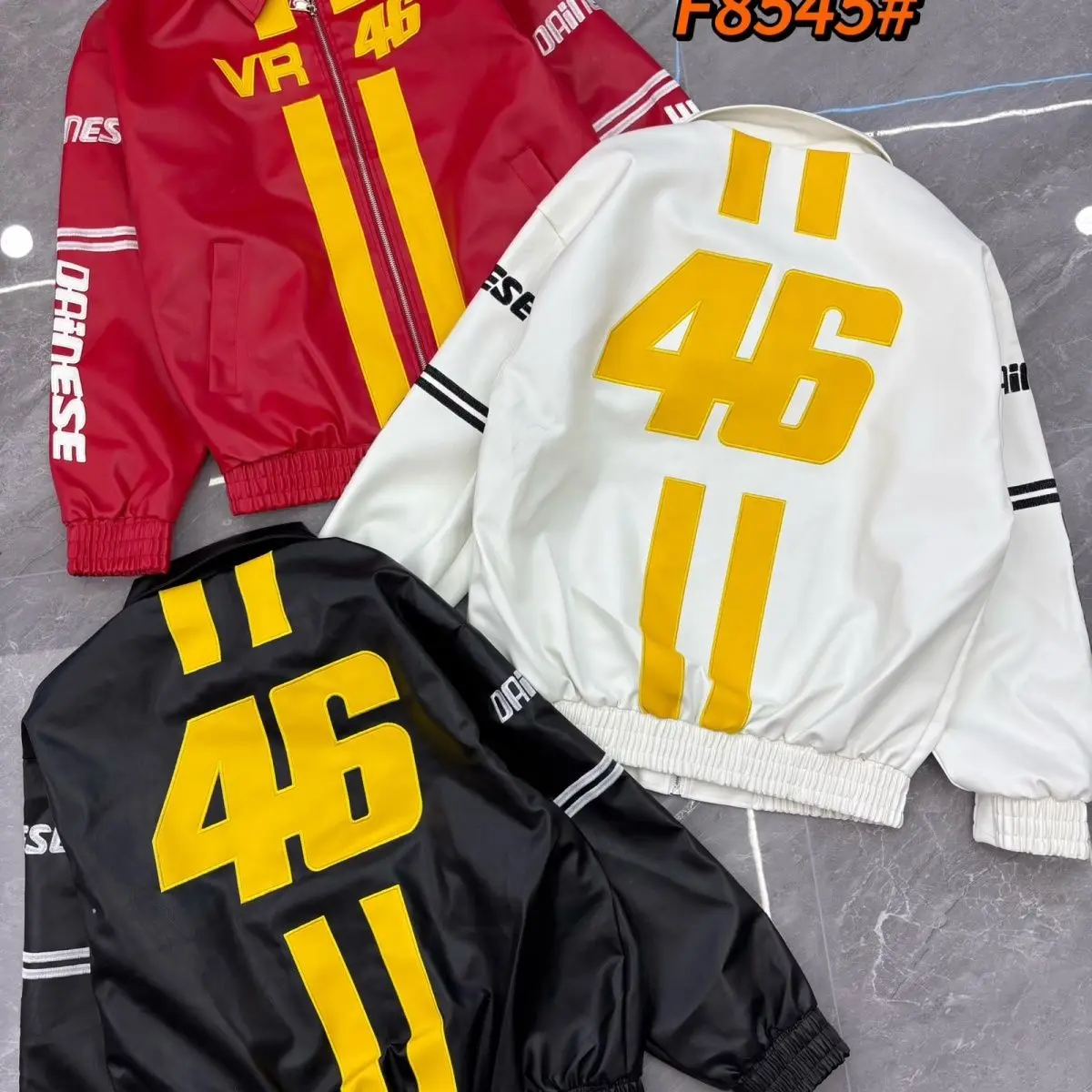 

Vintage locomotive Rossi VR46 fleet PU jackets sticker drill heavy industry splicing embroidery motorcycle mens jacket coats