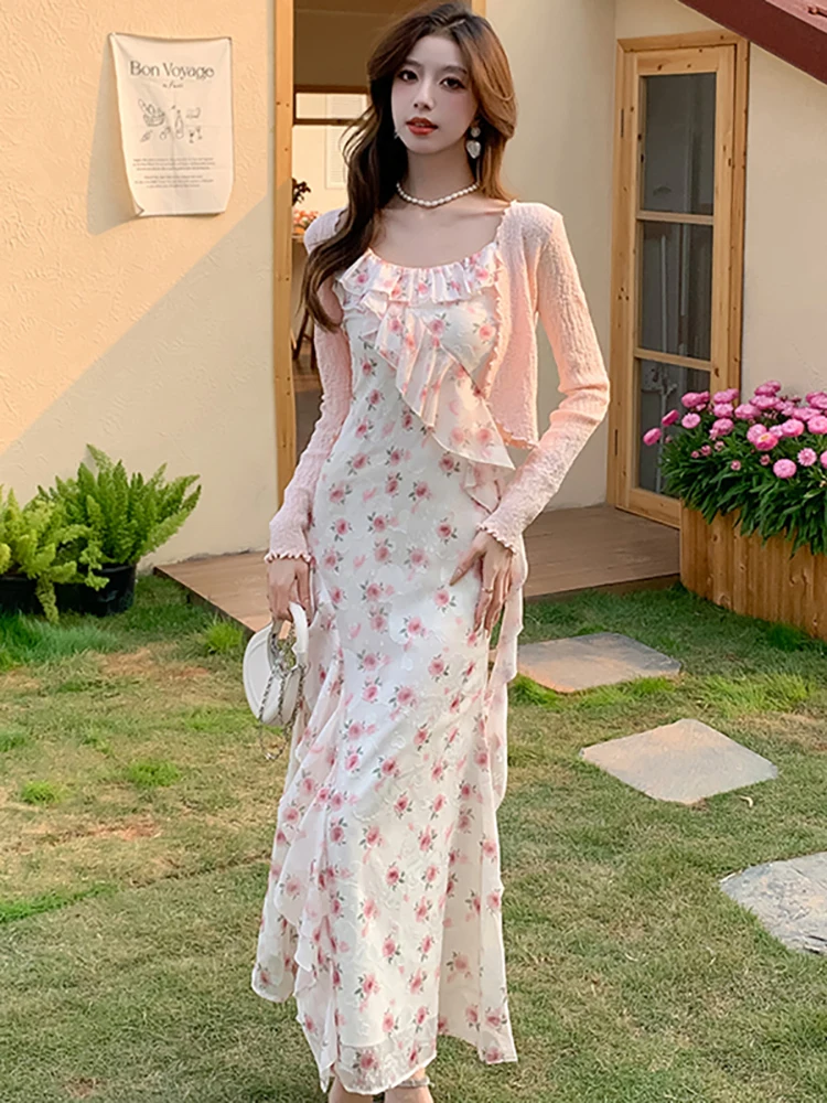 

Summer Pink Floral Chic Ruffled Luxury Sling Long Dress+top Cardigan Two Piece Sets 2024 Women Korean Elegant Casual Beach Dress