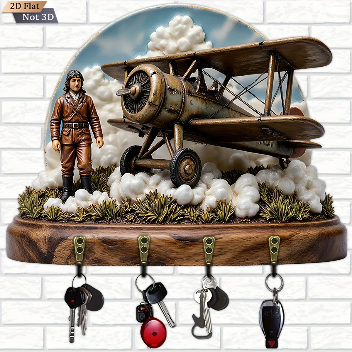 2D Flat, 1pc, Vintage Airplane Pilot Key Hook Wooden Multifunctional Home Key Holder with Four Metal Hooks, Wall Decoration,