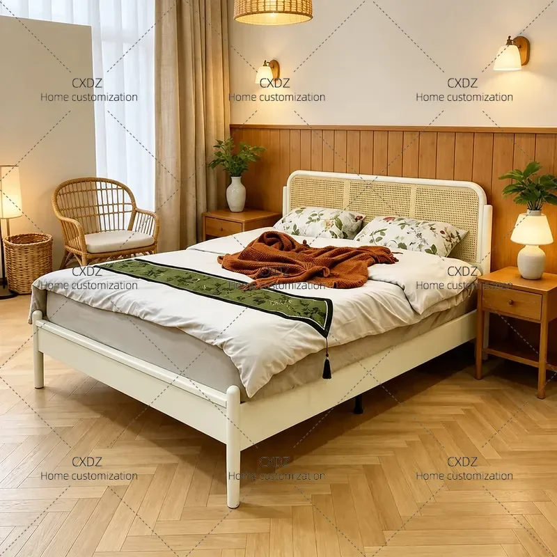 Modern Solid Wood Rattan Double Bed 1.5m Simple Style for Small Apartment Bedroom Customizable Natural Woven Frame
