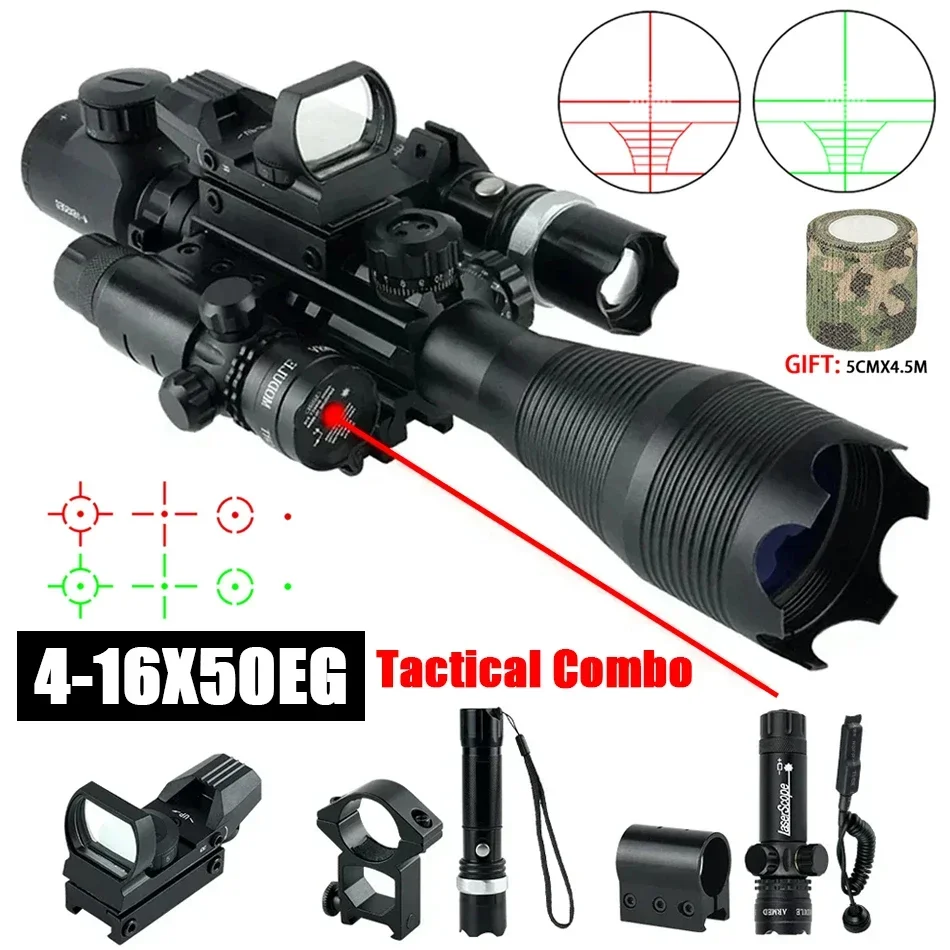 Tactical 4-16X50EG Scope Laser Flashlight Red Red Dot Combo Riflescope Long Range Shooting Sight Hunting Sniper Scopes