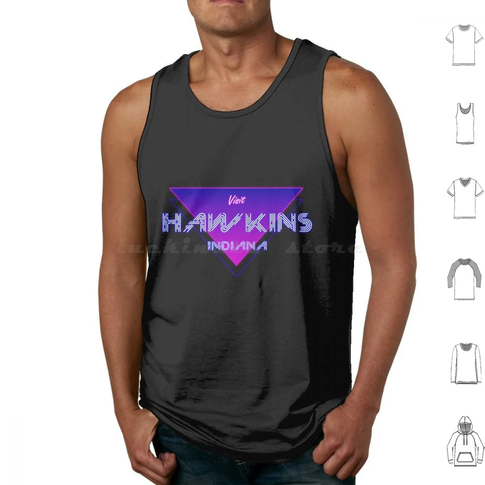 Neon Inscription Hawkins , Indiana , Vintage , 80s Tank Tops Print Cotton Retro Vintage 80s Purple Aesthetic Retrofuturism