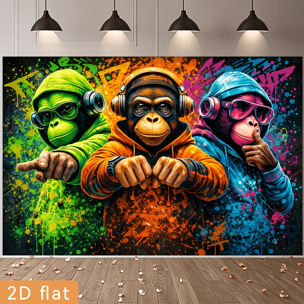 2D Flat Printing Hip-Hop Graffiti Background Cloth 3 Hoodie Gorillas With Headphones Glasses Multicolored Splatter Street Art Pa